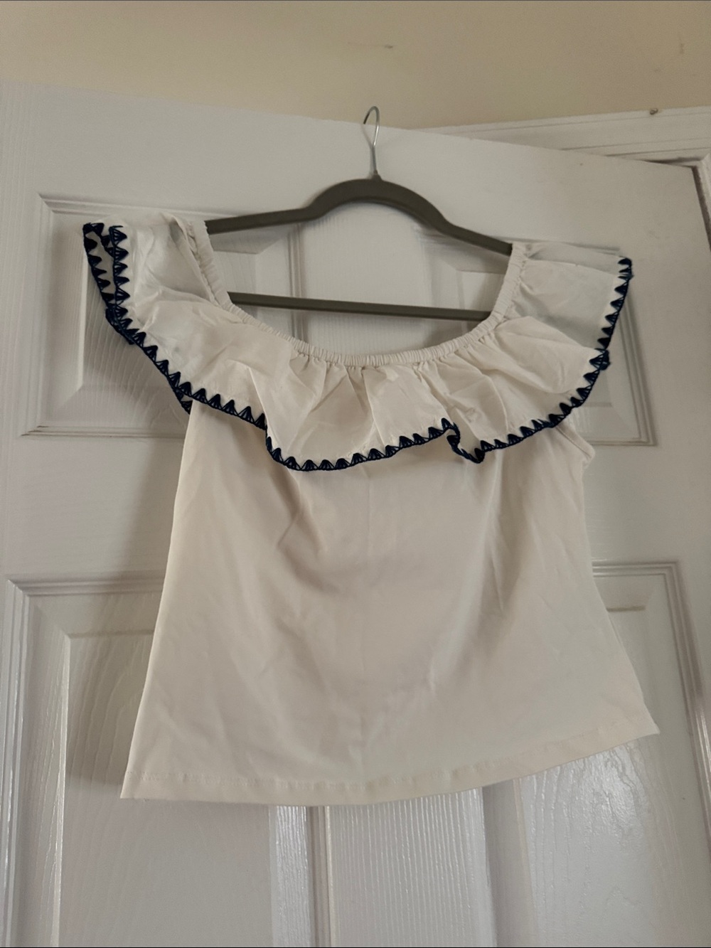 J. Crew White Off-Shoulder Ruffle Camisole with Navy Trim